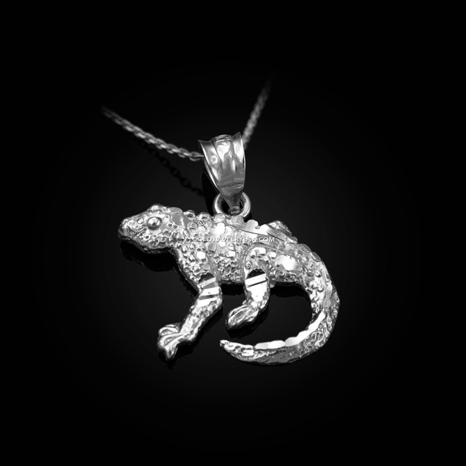 White Gold Salamander Lizard DC Pendant Necklace