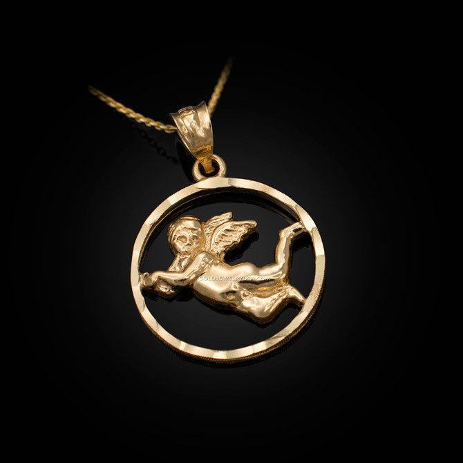 Yellow Gold Flying Angel Round DC Pendant Necklace