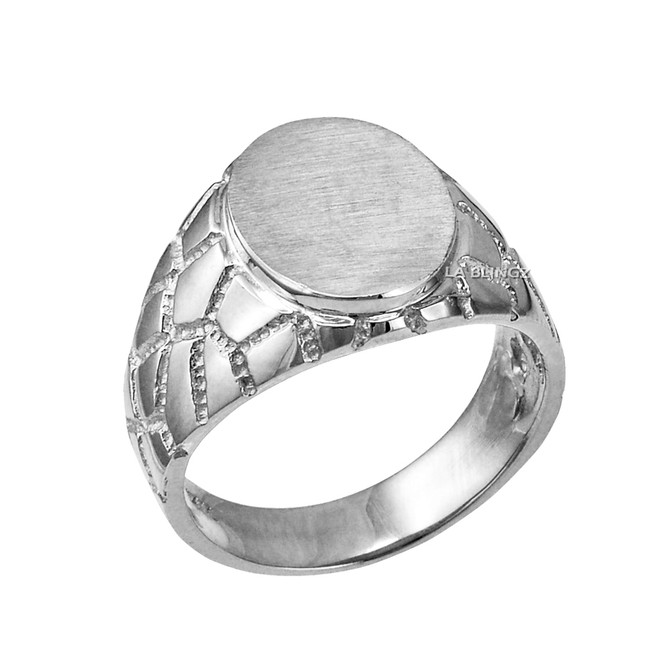 White Gold Oval Signet Mens Nugget Band  Ring