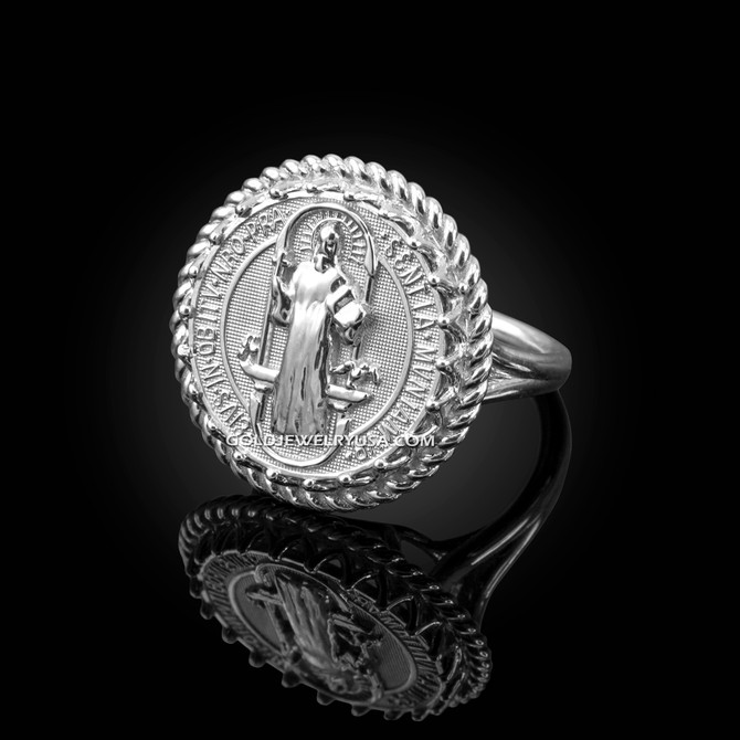 White Gold Saint Benedict Medal Womens Ring