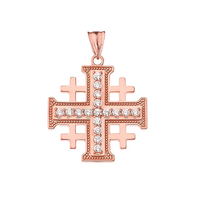Rose Gold CZ Jerusalem Cross Pendant Necklace