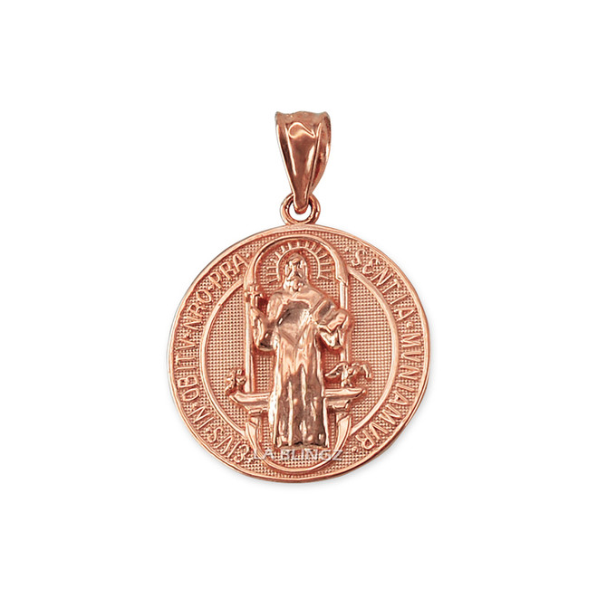 Solid Rose Gold St. Benedict Reversible Medallion Charm Necklace
