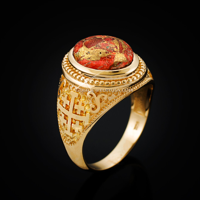Yellow Gold Jerusalem Cross Orange Copper Turquoise Statement Ring