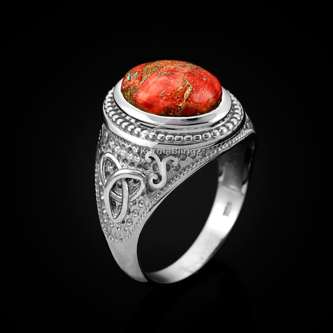 White Gold Celtic Knot Orange Copper Turquoise Ring