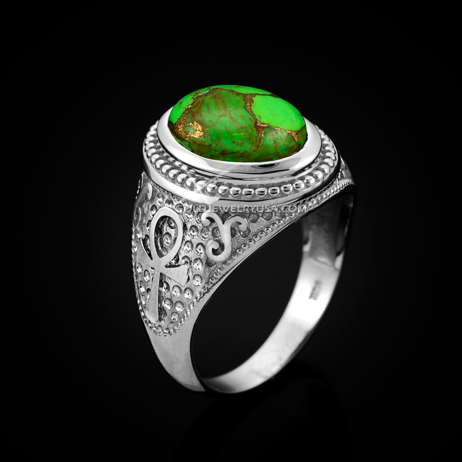 White Gold Egyptian Ankh Cross Green Copper Turquoise Ring