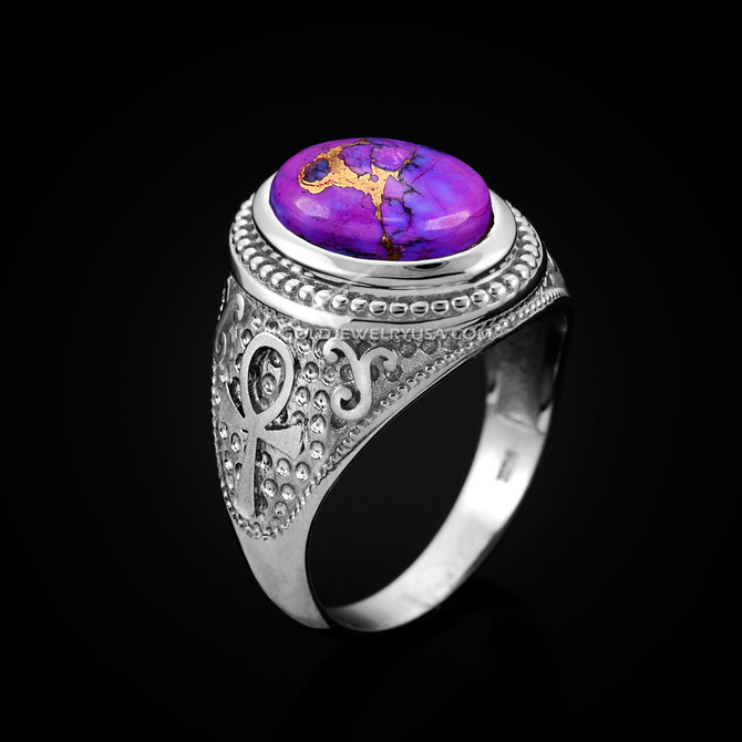 White Gold Egyptian Ankh Cross Purple Copper Turquoise Ring