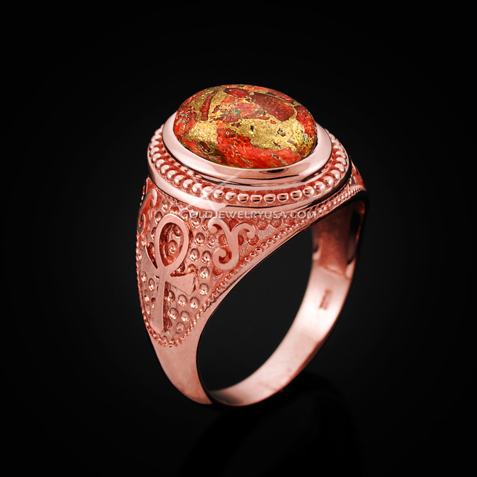 Rose Gold Egyptian Ankh Cross Orange Copper Turquoise Ring