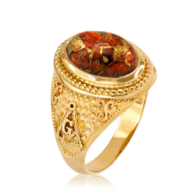 Yellow Gold Masonic Orange Copper Turquoise Statement Ring