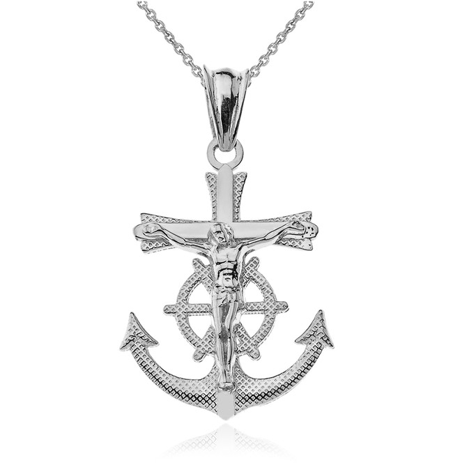 White Gold Mariner Crucifix Cross Pendant Necklace