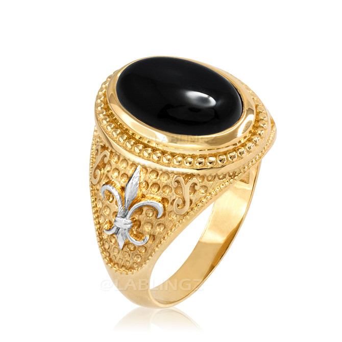 Two-Tone Yellow Gold Black Onyx Fleur-De-Lis Gemstone Ring
