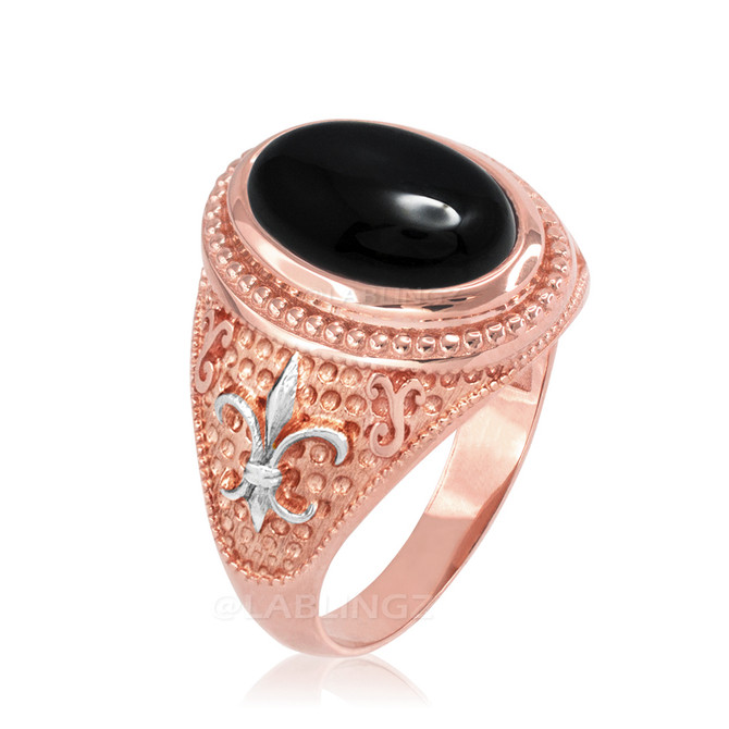 Two-Tone Rose Gold Black Onyx Fleur-De-Lis Gemstone Ring