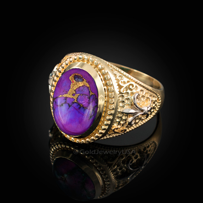 Two-Tone Yellow Gold Purple Copper Turquoise Fleur-De-Lis Gemstone Ring