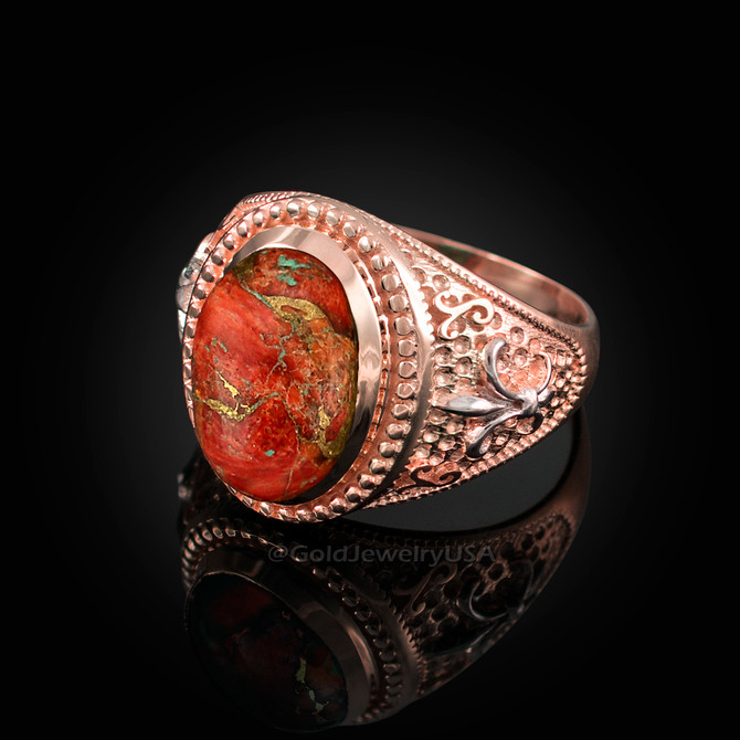 Two-Tone Rose Gold Orange Copper Turquoise Fleur-De-Lis Gemstone Ring