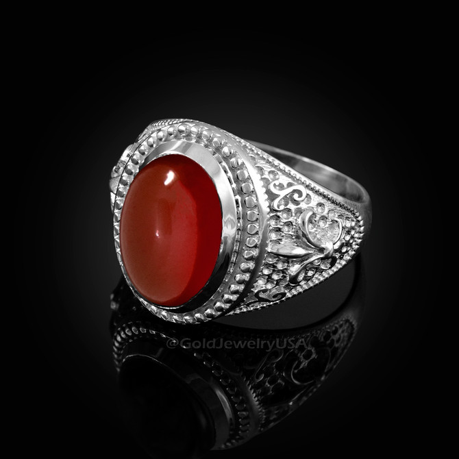 White Gold Red Onyx Fleur-De-Lis Gemstone Ring
