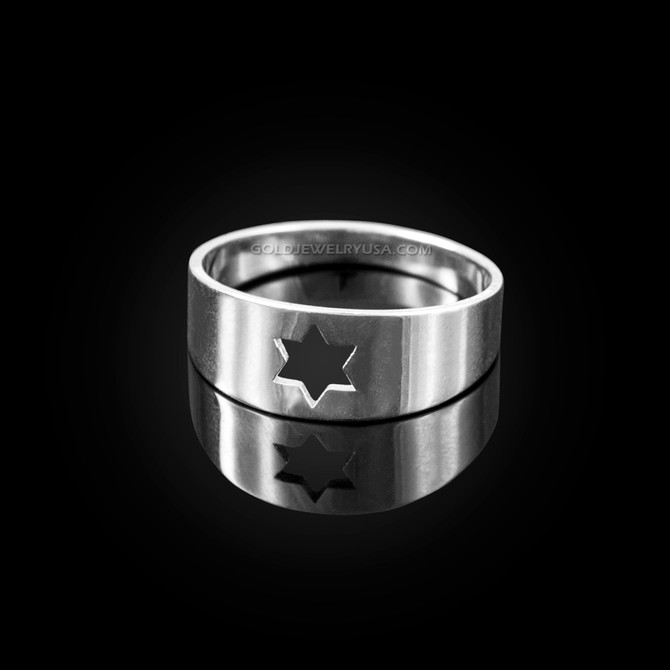 Polished White Gold Star of David Ring Band
