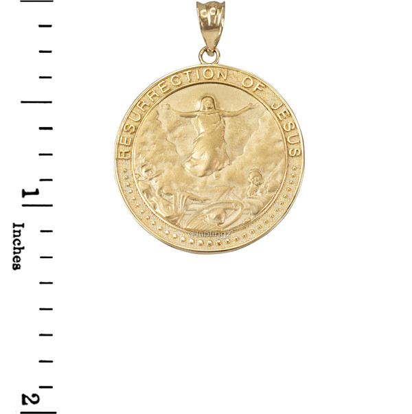 Yellow Gold Resurrection of Jesus Round Medallion Pendant Necklace