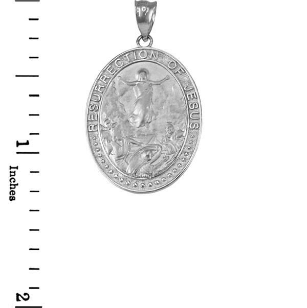 White Gold Resurrection of Jesus Oval Medallion Pendant Necklace