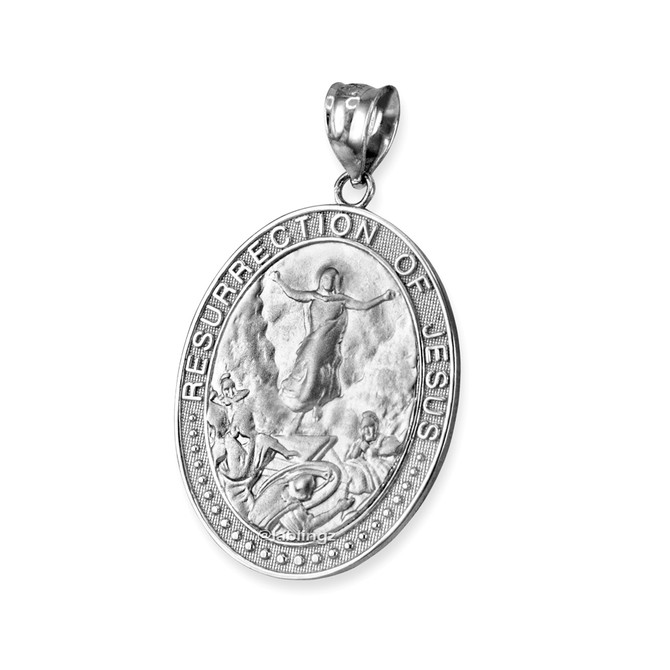 White Gold Resurrection of Jesus Oval Medallion Pendant Necklace