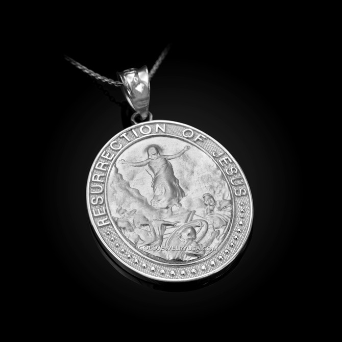 White Gold Resurrection of Jesus Oval Medallion Pendant Necklace