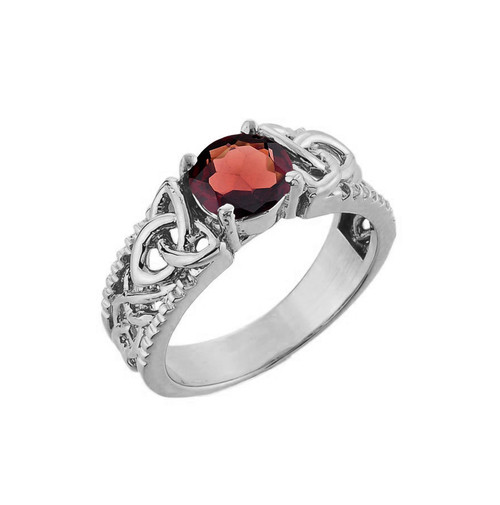 White Gold Celtic Knot Garnet Gemstone Ring