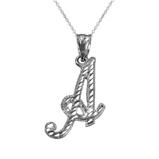 White Gold Sparkle-Cut Letter Initial Script Pendant Necklace