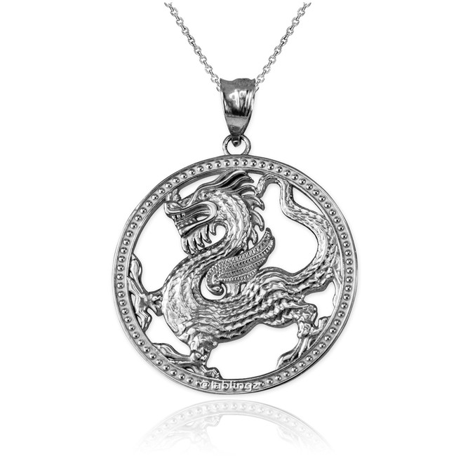 White Gold Chinese Dragon Open Medallion Pendant Necklace