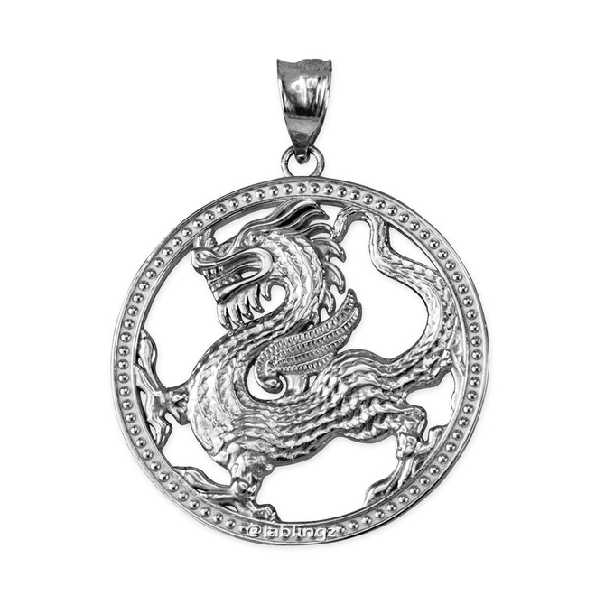 White Gold Chinese Dragon Open Medallion Pendant Necklace