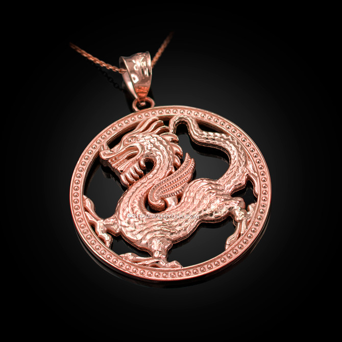 Rose Gold Chinese Dragon Open Medallion Pendant Necklace