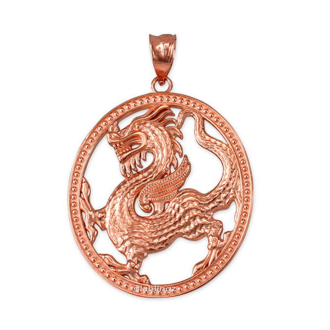 Rose Gold Chinese Dragon Oval Medallion Pendant Necklace
