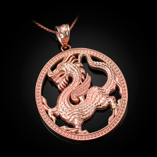Rose Gold Chinese Dragon Oval Medallion Pendant Necklace