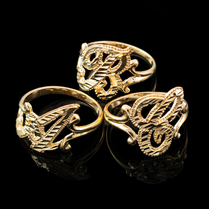 Yellow Gold Sparkle-Cut Letter Initial Script Ring