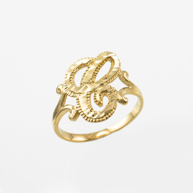 Yellow Gold Sparkle-Cut Letter Initial Script Ring