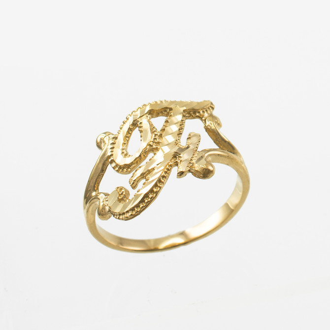Yellow Gold Sparkle-Cut Letter Initial Script Ring