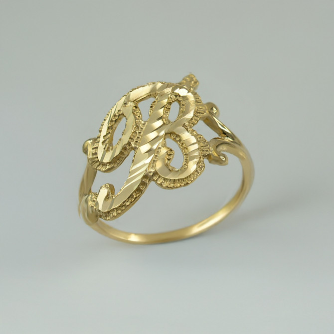 Yellow Gold Sparkle-Cut Letter Initial Script Ring