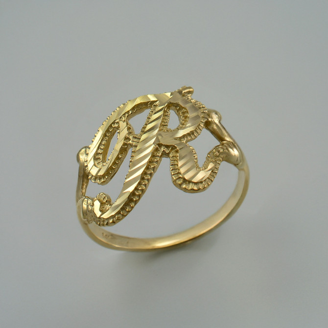Yellow Gold Sparkle-Cut Letter Initial Script Ring