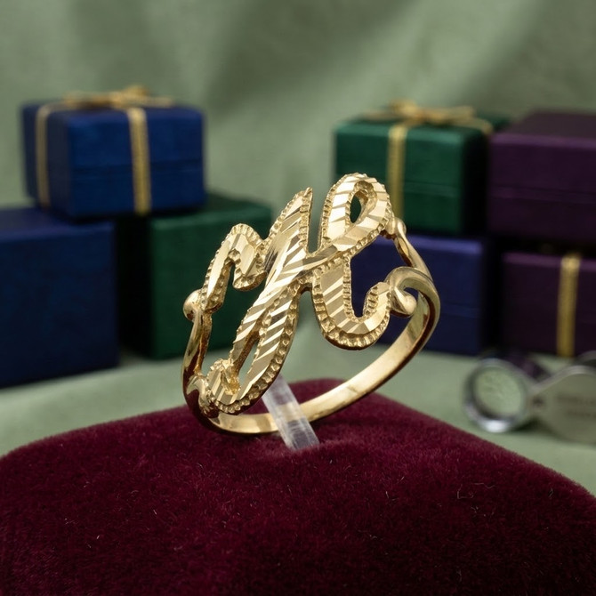 Yellow Gold Sparkle-Cut Letter Initial Script Ring
