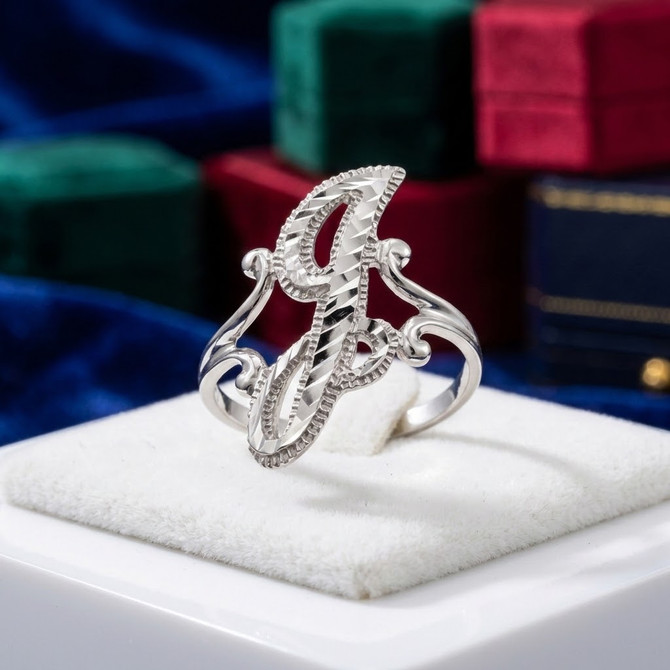 White Gold Sparkle-Cut Letter Initial Script Ring