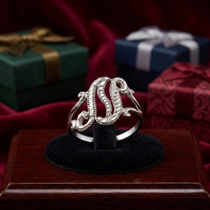 White Gold Sparkle-Cut Letter Initial Script Ring
