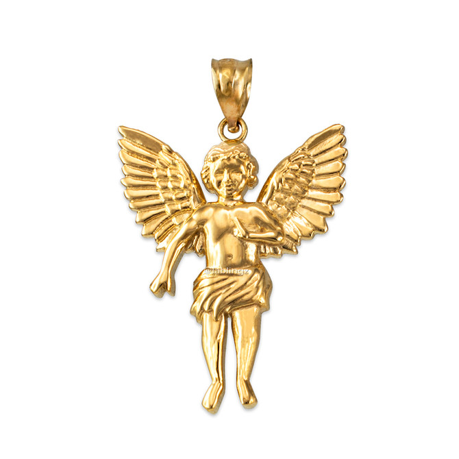 Yellow Gold Cherub Guardian Angel Pendant Necklace (L)