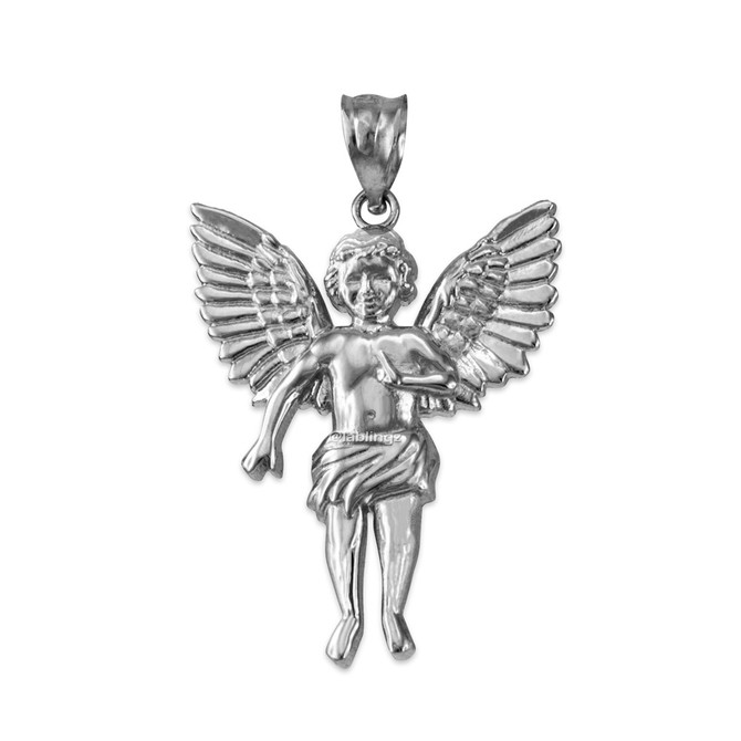 White Gold Cherub Guardian Angel Pendant Necklace (L)