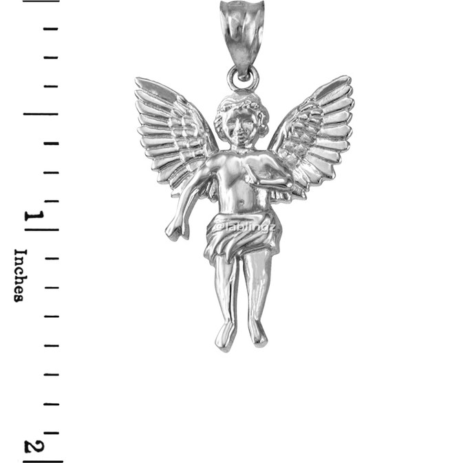 White Gold Cherub Guardian Angel Pendant Necklace (L)