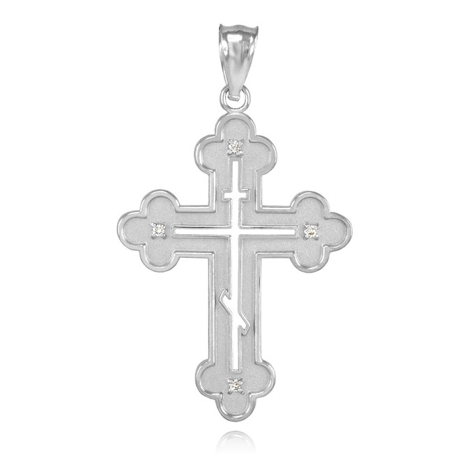 White Gold Russian Eastern Orthodox Diamond Cross Pendant Necklace