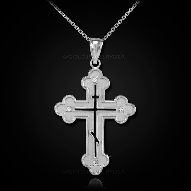White Gold Russian Eastern Orthodox Diamond Cross Pendant Necklace