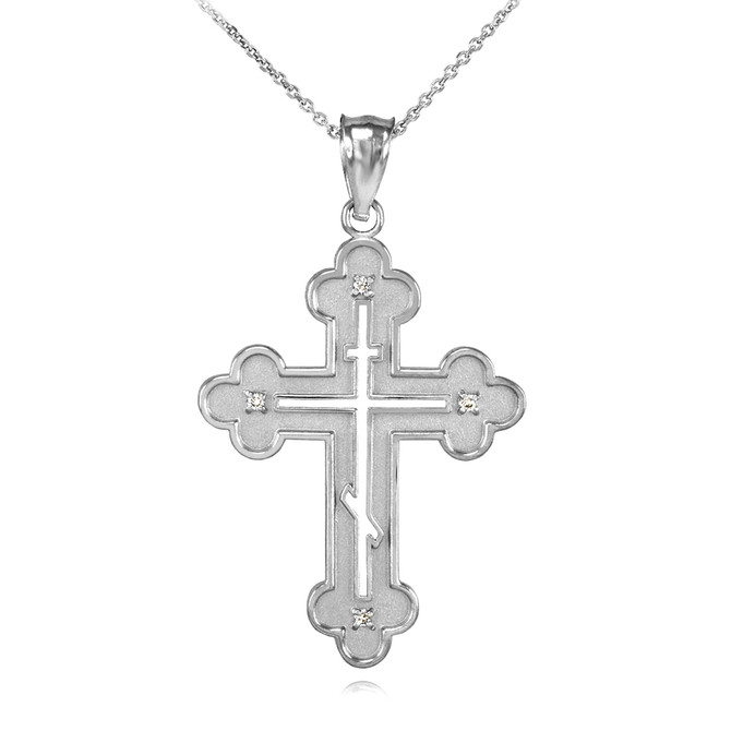 White Gold Russian Eastern Orthodox Diamond Cross Pendant Necklace