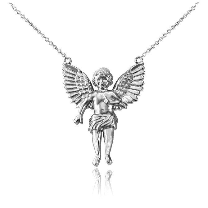 14K White Gold Cherub Guardian Angel Necklace (S)