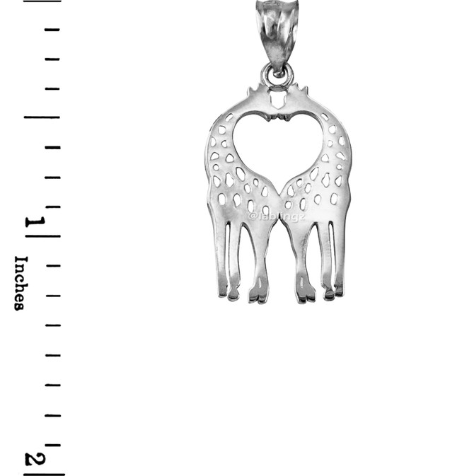 White Gold Open Heart Kissing Giraffes Charm Necklace