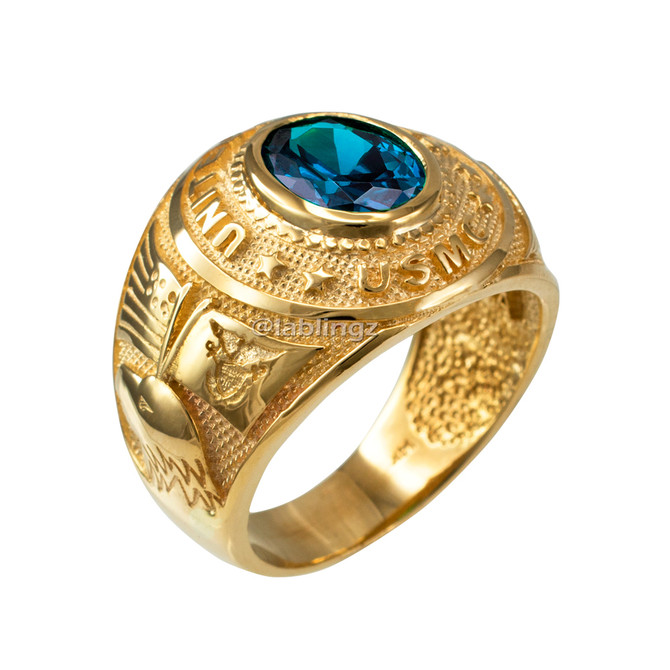 Yellow Gold US Marine Core USMC Mens Birthstone Ring