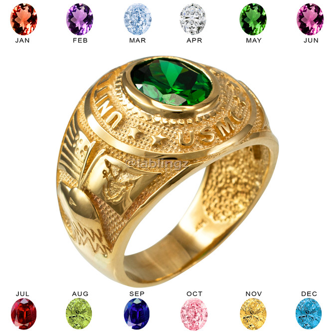 Yellow Gold US Marine Core USMC Mens Birthstone Ring