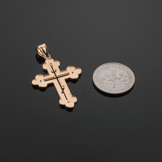 Rose Gold Russian Eastern Orthodox Diamond Cross Pendant Necklace