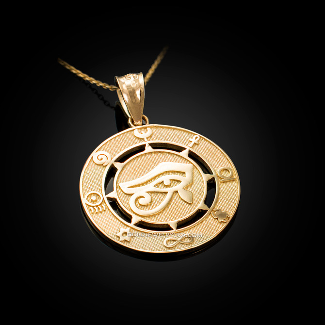 Yellow Gold Eye of Horus Good Luck Amulet Pendant Necklace